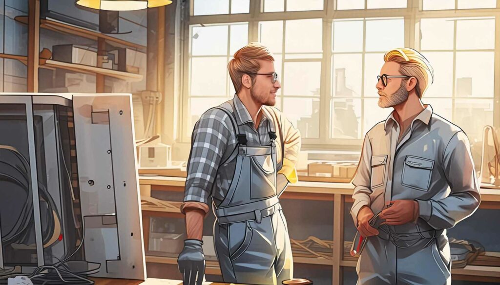 Illustration von zwei Handwerkern in einer Werkstatt, die eine ruhige und respektvolle Gehaltsverhandlung führen.