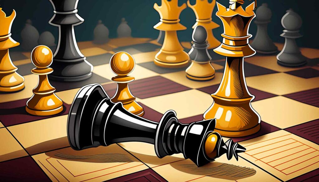 Ein stilisiertes Bild eines Schachbretts im Spiel, mit einem umgestuerzten schwarzen Koenig im Vordergrund und einem stehenden weißen Koenig im Hintergrund. 